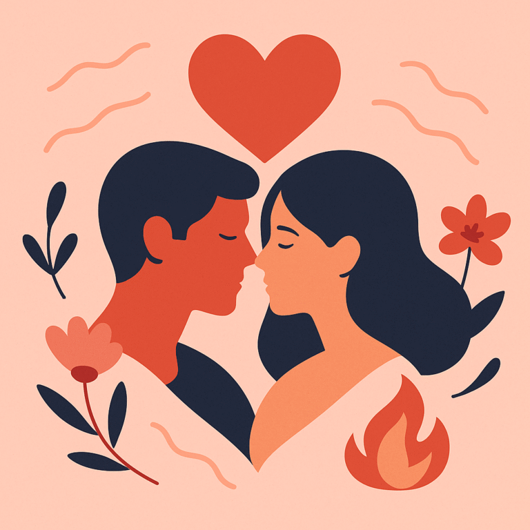 Ventajas de usar juguetes sexuales en pareja: más conexión, confianza y placer 4 Ilustración abstracta de una pareja abrazada con corazones y flores, que simboliza conexión, confianza e intimidad en tonos rosados y púrpuras