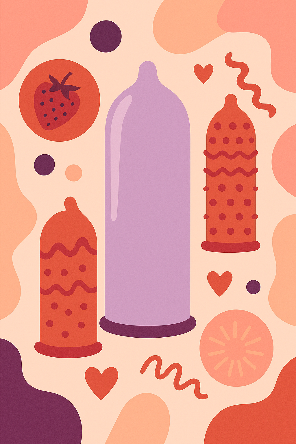 Guía completa sobre preservativos: tipos, beneficios y cómo elegir el condón ideal para ti 3 Ilustración abstracta de preservativos en diferentes estilos, colores y texturas, simbolizando la diversidad de condones disponibles para una vida sexual segura y placentera